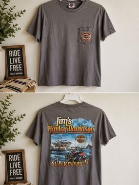 Harley-Davidson Jim's St. Petersburg FL Pocket T-Shirt Gray Medium Biker Tee